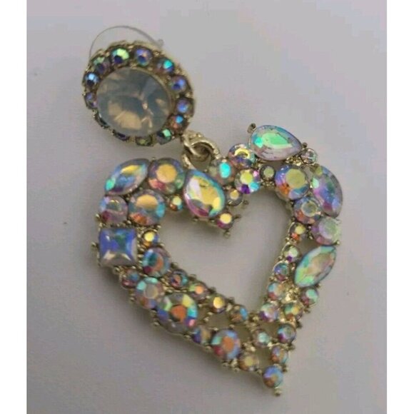 Vintage Heart Shaped Iridescent Multicolor Earrings And Matching Round Ring - Picture 11 of 12